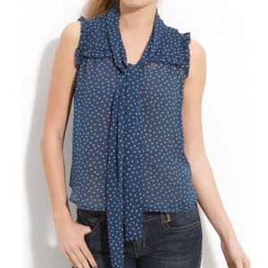 Lush Chiffon Sheer Sleeveless Floral Blue and Pink Tie Front Blouse Size Small